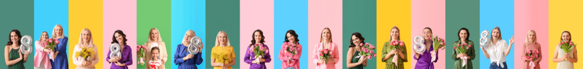 Wall Mural - Group of women with bouquets of flowers and balloons in shape of figure 8 on color background. International Women's Day celebration