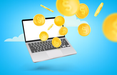 Aufkleber - Receiving income using modern laptop. Vector concept with gold coins