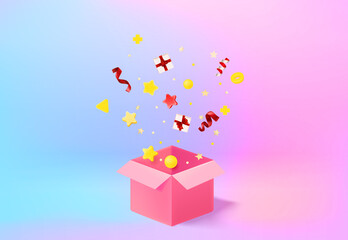 Aufkleber - Surprize concept with gift box and confetti. 3d vector banner with copy space