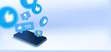 Social Media Notification Bubbles With Thumbs Up Symbols And Mobile Phone. 3d Vector Banner With Copy Space