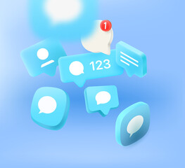 Poster - Flying social media notification and icons. 3d vector banner with copy space
