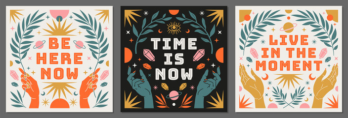 Wall Mural - boho celestial vector posters with inspirational quotes in trendy bohemian style. tarot magic card.