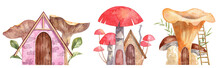 Collection Of Hand Painted Watercolor Cute Fairy Tale Houses. Mushroom Houses For Gnomes And Fairies. Cartoon Detailed Illustrations For Art Cards