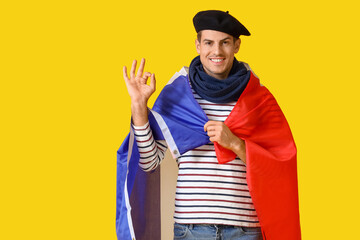 Canvas Print - Handsome young man with flag of France showing OK on yellow background