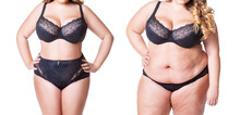 Woman's Body Before And After Weight Loss Isolated On White Background