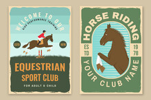 Set Of Horse Racing Sport Club Retro Posters. Vector Illustration. Vintage Equestrian Label, Sticker With Rider And Horse Silhouettes.