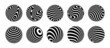 Set of 3d optical illusions on spheres. Spheres from twisted stripes. Illusion effect. Black and white 3d art. Vector illustration.
