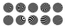Set Of 3d Optical Illusions On Spheres. Spheres From Twisted Stripes. Illusion Effect. Black And White 3d Art. Vector Illustration.