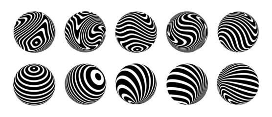 Wall Mural - Set of 3d optical illusions on spheres. Spheres from twisted stripes. Illusion effect. Black and white 3d art. Vector illustration.