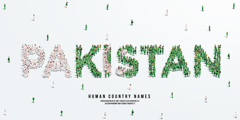 Wall Mural - A large group of people stands, making up the word Pakistan. Pakistani flag made from people crowd. Vector illustration isolated on white background.