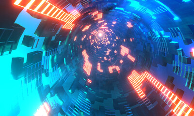 Wall Mural - Camera flight through sci fi corridor with moving cubes and neon lights. Gaming, technology, sci fi, science concept illustration
