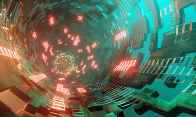 Wall Mural - Camera flight through sci fi corridor with moving cubes and neon lights. Gaming, technology, sci fi, science concept illustration
