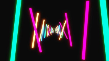 Wall Mural - Geometric glowing lines,  moving neon lights against of dark background. Laser lines glow. Neon background business and science concept