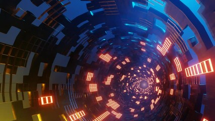 Wall Mural - Camera flight through sci fi corridor with moving cubes and neon lights. Gaming, technology, sci fi, science concept animation