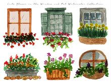 A Set Hand Drawn Window And Pot With Flower Watercolor