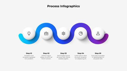 Five circles arranged in a horizontal row connected by a gradient zigzag line. Concept of 5 steps of business timeline. Creative infographic design template