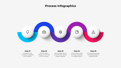 Five circles arranged in a horizontal row connected by a zigzag line. Concept of 5 steps of business timeline. Creative infographic design template.