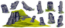 Moai On Easter Island In Cave. Isolated Vector Cartoon Stone Sculptures On Mountain. Set Ancient Statue Civilizations Of Atlantis And Lemuria.