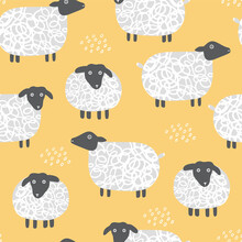 Childish Seamless Pattern With Sheep On Yellow Background. Can Be Used For Textile, Nursery, Wallpaper.