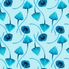 Naklejka na meble Seamless watercolor pattern with mushrooms entoloma hochstetteri on a light blue background, hand drawing, ideal for wrappers, fabrics, textiles.
