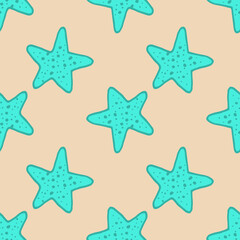 Wall Mural - a pattern of blue starfish. seamless pattern of turquoise sea stars, on a sandy beach for a summer design template. the starfish is hand-drawn in the doodle style with dots