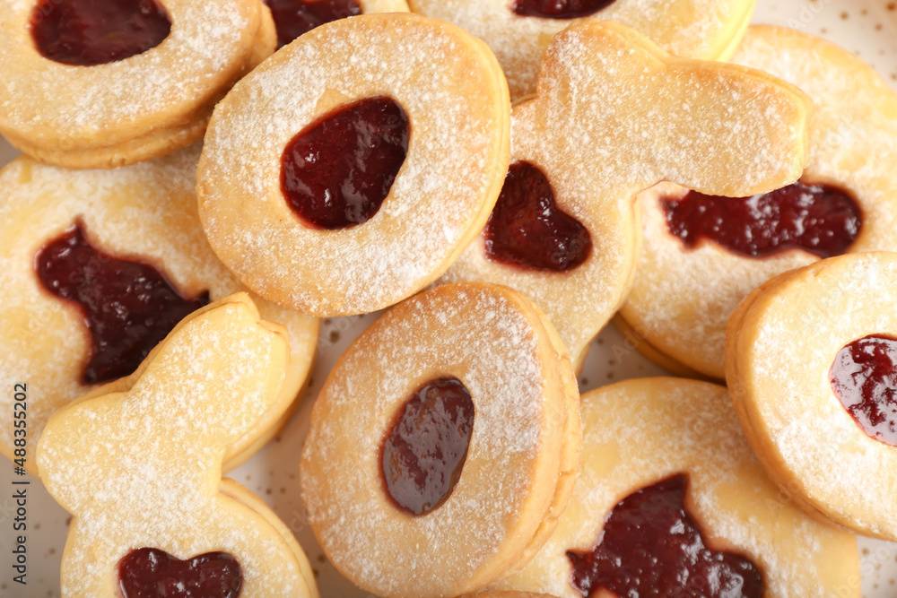 Delicious Easter cookies as background, closeup