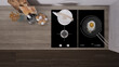 Dark wooden kitchen close up, induction and gas hob with pot and fried egg in a pan. Vase with spikes, cutting boards. Top view, plan, above with copy space, interior design