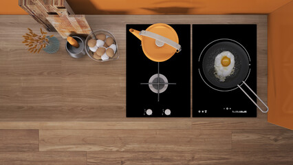 Wall Mural - Orange and wooden kitchen close up, induction and gas hob with pot and fried egg in a pan. Vase with spikes, cutting boards. Top view, plan, above with copy space, interior design