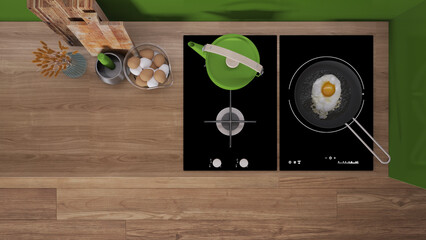 Wall Mural - Gray and wooden kitchen close up, induction and gas hob with pot and fried egg in a pan. Vase with spikes, cutting boards. Top view, plan, above with copy space, interior design