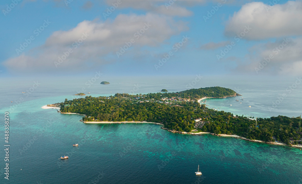 Aerial view of a Tropical island beach with seashore as the tropical ...