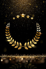 Wall Mural - Gold laurel wreath, stars and falling glitter, realistic award, golden confetti rain