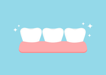 Wall Mural - Teeth in gum with sparkles dentistry vector sign isolated on blue background. Tooth row in jaw flat design cartoon style vector dental health, treatment and prevention concept illustration.