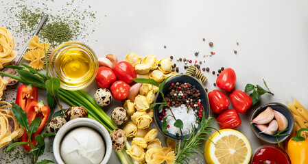 Poster - Italian food assortment on light background.