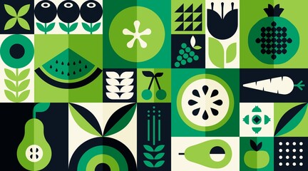 Organic fruit vegetable geometric pattern. Natural food background creative simple bauhaus style, agriculture vector design