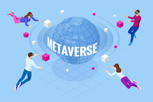 Isometric Metaverse Concept. Network Of 3D Virtual Worlds Focused On Social Connection. Internet As A Single, Universal Virtual World. Virtual Reality