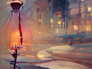 Poster - Abstract digital painting of streetlamp in the night in a town