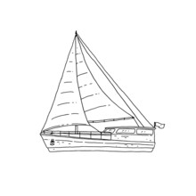 Sea Sailboat Yacht Line Art. Modern Ship With Sails Doodle Black White Sketch Isolated Illustration.