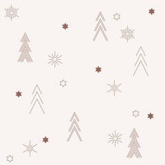 Wall Mural - Modern linear design pattern with snowflake and fir tree icons. Trendy abstract linear compositions. New year's traditional decor elements. 