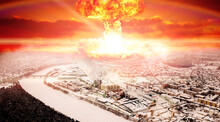 Nuclear Explosion On The Background Of An Eastern European City Top View