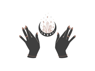 Magic hands with moon and healing crystal in trendy boho style. Alchemy logo and icons design template for cosmetics or beauty products. Esoteric and mystical Vector illustration