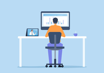 Wall Mural - flat vector business man working on monitor computer and design concept technology smart working onl
