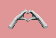 Human Female Hands Showing A Heart Shape Isolated On A Pink Color Background. Feelings And Emotions. Trendy Collage In Magazine Urban Style. Contemporary Art. Modern Design