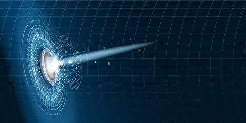 Teleport futuristic portal circle science, sky-fi digital, tunnel with light rays and glows, podium, projector. HUD menu user interface. Vector illustration, black blue background