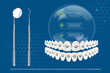 3d vector illustration, realistic teeth with upper and lower jaw braces on the background of infographics and tools. Alignment of the bite of teeth, dentition with braces, dental braces.
