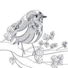 Coloring book for adults. Antistress drawing of a bird on a tree branch.