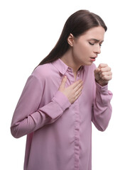 Poster - Woman coughing on white background. Cold symptoms