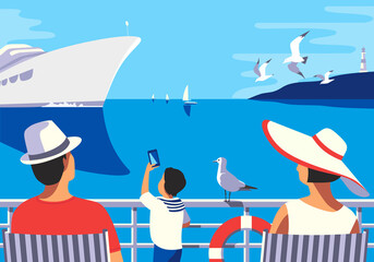 Wall Mural - Family enjoy sea trip vacation tourist vector poster. Blue ocean scenic view, cruise liner vessel, seaside nature landscape background. Holiday summer season sea travel leisure relax illustration