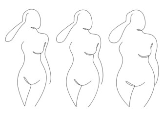 Collection. Silhouette of a figure of a beautiful woman in a modern one-line continuous line style. The girl is thin, slender, and the woman is fat. The lady is standing. Set of vector illustrations.