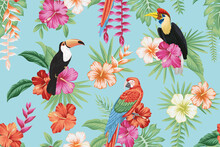 Tropical Vintage Toucan, Parrot Macaw, Red Magenta Yellow Hibiscus Flower, Palm Leaves Floral Seamless Pattern Blue Background. Exotic Jungle Wallpaper.