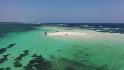 Wall Mural - sandbank with white sand and boats around small island Drone view Coastline Diani beach landscape Kenyan African Sea  aerial 4k indan ocean tropical mombasa turquoise white sand East Africa paradise